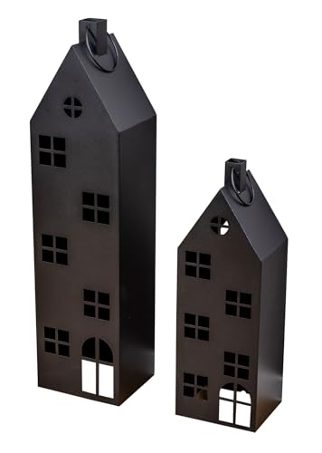2er Set Laterne Haus H65-95cm Metall Schwarz Deko Windlicht Industrial Style Kerze Kerzenständer Lichtdeko von levandeo
