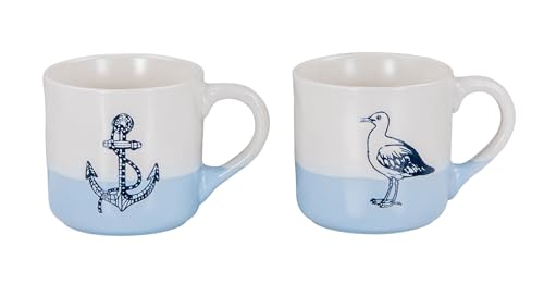 2er Set Tassen Anker Möwe 350ml Steingut Kaffeetasse Becher Blau Maritim Design Küchengeschirr Heißgetränke Kaffeepott von levandeo