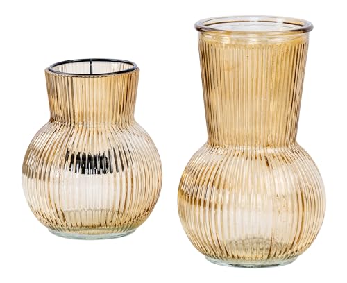 2er Set Tischdeko Vase Windlicht Beige Braun Glas Rund Teelichthalter Retro Rillen Deko Kerzenhalter Blumenvase Glasvase Deko-Set von levandeo