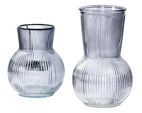 2er Set Tischdeko Vase Windlicht Grau Glas Rund Teelichthalter Retro Rillen Deko Kerzenhalter Blumenvase Glasvase Deko-Set von levandeo