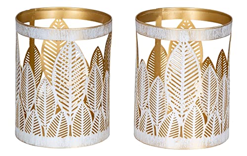 2er Set Windlicht 10x13cm Weiß Gold Metall Teelichthalter Blattdekor Blumendekor Tischdeko Industrial Kerzenhalter von levandeo