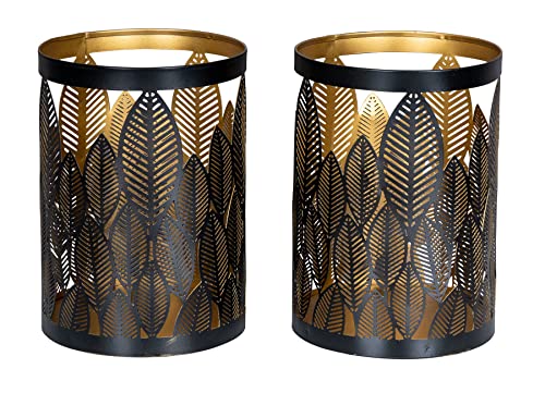 2er Set Windlicht 13x18cm Schwarz Gold Metall Teelichthalter Blattdekor Blumendekor Tischdeko Industrial Kerzenhalter von levandeo