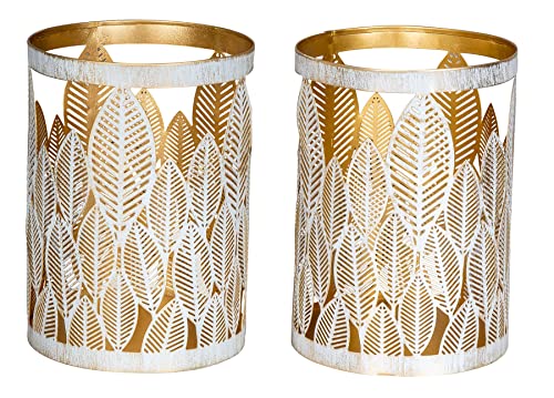 2er Set Windlicht 13x18cm Weiß Gold Metall Teelichthalter Blattdekor Blumendekor Tischdeko Industrial Kerzenhalter von levandeo