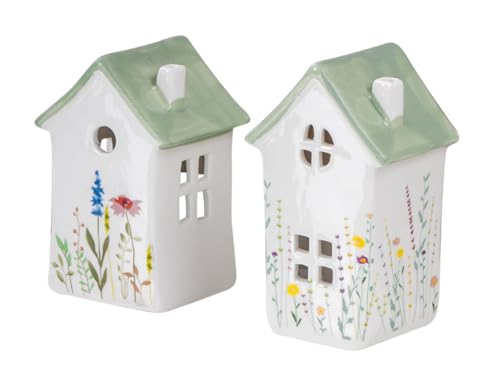 2er Set Windlicht Häuser Grün Porzellan Teelichthalter Blume Frühling Tischdeko Blumenmuster Deko Kerze Kerzenhalter von levandeo