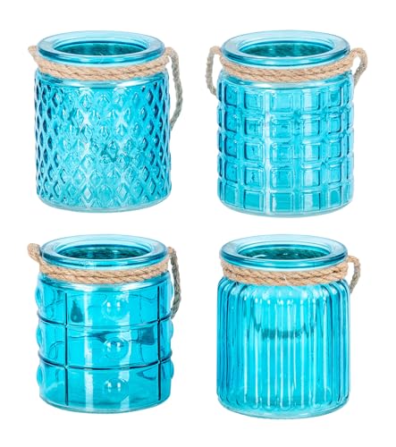 4er Set Teelichthalter Glas H10cm Türkis Windlicht Tischdeko Kerzenhalter Retro Kerzen Deko Kerzenhalter Flachs von levandeo