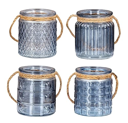 4er Set Windlicht H10cm Glas Blau Grau Teelichthalter Tischdeko Kerzen Deko Retro Kerzenhalter Rauchblau Flachs von levandeo