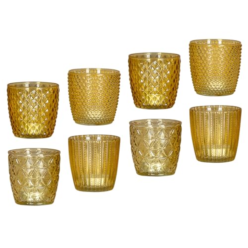 8er Set Windlicht H7,5cm Glas Gelb Teelichthalter Kerzen Retro Kerze Kerzenhalter Tischdeko Deko von levandeo