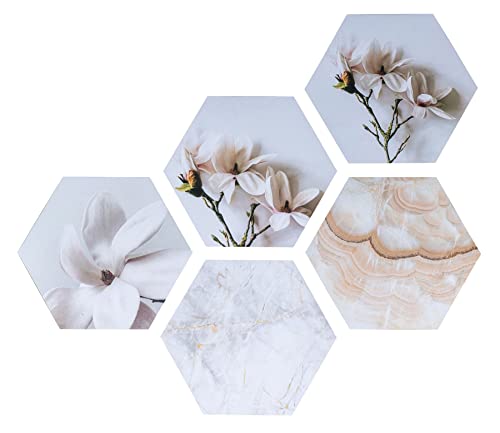 Hexagon Wandaufkleber je 32x28cm Wanddeko Blume Weiß Wandbild Holzbild Deko Wandpaneele Waben Sechseck von levandeo