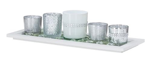 Tablett Teelichthalter Set Silber Weiß Holz Glas Windlichter Kerzenhalter Deko Weihnachtsdeko Tischdeko Glitzer von levandeo