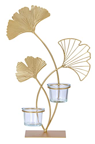 Teelichthalter H34cm Ginkgo Gold Metall Kerzenhalter Kerzenständer Tischdeko Deko Wohndeko von levandeo