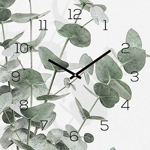 Wanduhr 30x30cm Alu-Dibond Eukalyptus Blätter Alubild Uhr Wanddeko Kunstdruck Pflanze Floral von levandeo