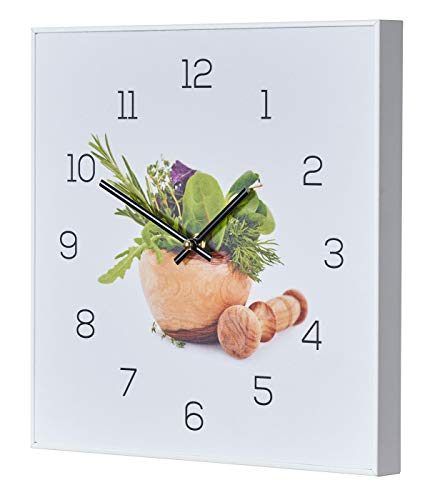 Wanduhr 30x30cm Uhr PVC Rahmen Weiß Küche Kräuter Gewürze Kochen Deko Wanddeko Wandbild von levandeo