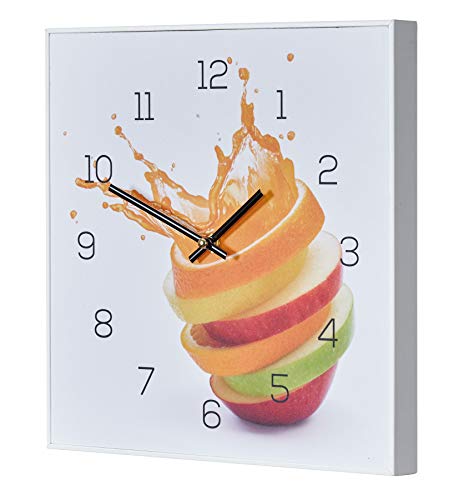 Wanduhr 30x30cm Uhr PVC Rahmen Weiß Orange Apfel Wasser Frucht Küche Wanddeko Küchenuhr von levandeo