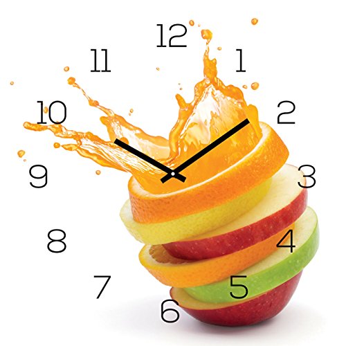 Wanduhr Glas 30x30cm Uhr Glasbild Orange Apfel Wasser Frucht Küche Wanddeko Küchenuhr Glasdeko von levandeo