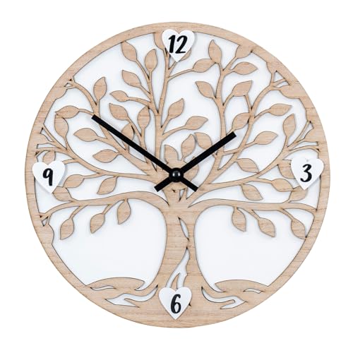 Wanduhr Holz 30x30cm Baum des Lebens Natur Weiß Rund Uhr Wanddeko Holzuhr Wandbild Deko von levandeo