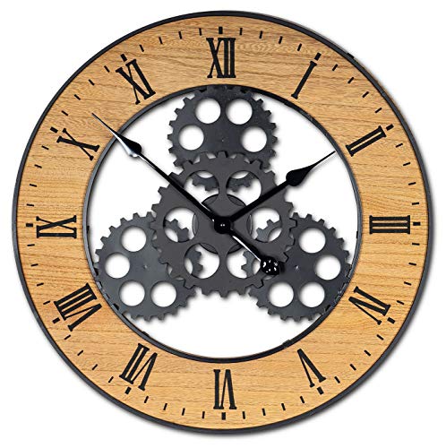 XXL Wanduhr 56 cm Rund Zahnrad Großuhr Industrie-Design Industrial Uhr Holzuhr Holz Deko Metall Braun Schwarz Wanddeko von levandeo