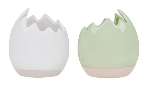 levandeo 2er Set Eierschale Deko Blumentopf H11cm Keramik Weiß Grün Blumenwiese Osterdeko Deko Sandfinish Tischdeko Übertopf Keramiktopf von levandeo