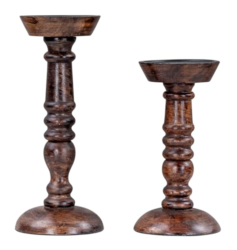 levandeo 2er Set Kerzenhalter H20-25cm Mango-Holz Braun Kerzenständer Rustikal Tischdeko Kerzen Wohndeko Stumpenkerzen von levandeo