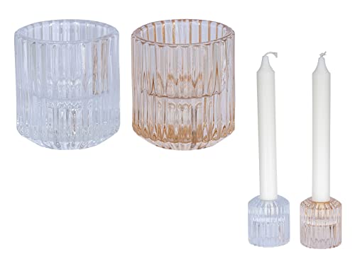 levandeo 2er Set Kerzenständer für Stabkerzen Glas Teelichthalter Transparent Klar Braun 2in1 Kerzenhalter Transparent Tischdeko Dekoration Teelichtglas von levandeo