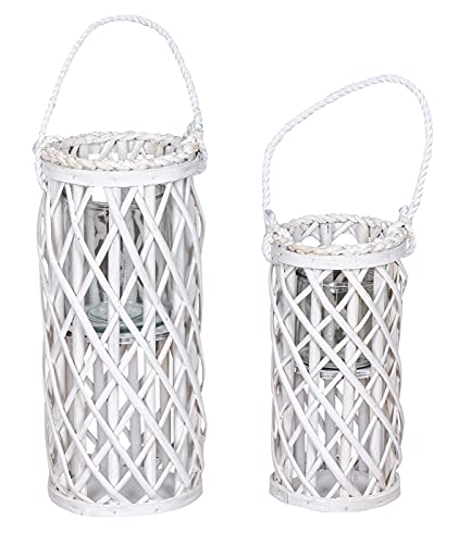 levandeo 2er Set Laterne Windlicht H40cm H31cm Weiß Holz Weiden-Laterne geflochten Glaseinsatz Kerzenhalter Garten Deko von levandeo