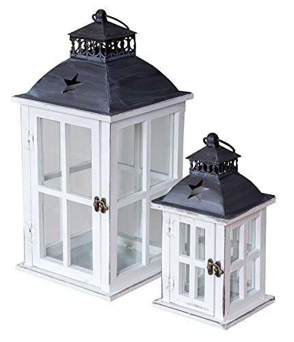 levandeo 2er Set Laternen Holz H30-47cm Weiß Metall Schwarz Stern Windlicht Wohndeko Shabby Chic Vintage Kerzenhalter Holzlaterne Gartenlaterne Dekoration von levandeo