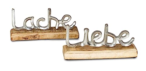 levandeo 2er Set Schriftzug Liebe Lache L23cm Metall Silber Mango Holz Aufsteller Deko Tischdeko Wohndekoration von levandeo