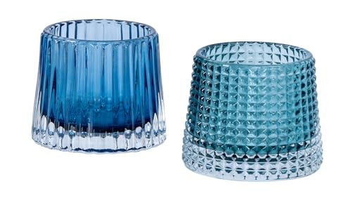 levandeo 2er Set Teelichthalter H7cm Glas Blau Kerzenhalter Tischdeko Kerzen Retro Deko Windlichter von levandeo
