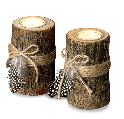 2er Set Teelichthalter Holz je 12cm hoch Kerzenhalter Federn Kerzenständer Tischdeko von levandeo