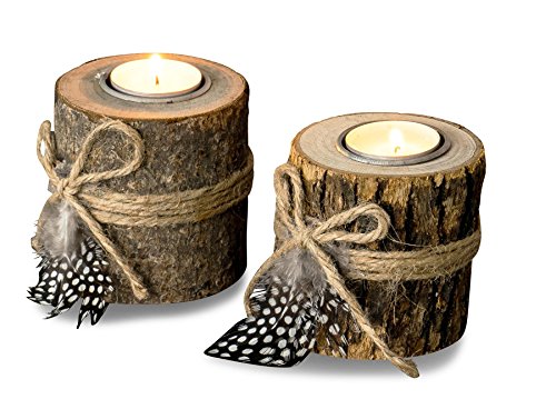 2er Set Teelichthalter Holz je 8,5cm hoch Kerzenhalter Federn Kerzenständer Tischdeko von levandeo