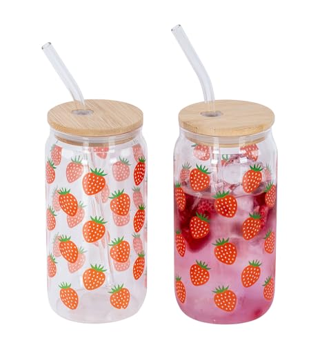 levandeo 2er Set Trinkglas 500ml Erdbeere Glas-Strohhalm Bambusdeckel Trinkbecher Sommer von levandeo