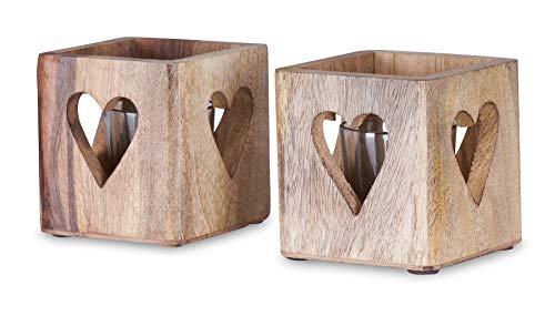 levandeo 2er Set Windlicht Herz 9cm Mangoholz Teelicht Glas Teelichthalter Kerze Herzmotiv Tischdeko Mango Natur Holzdeko von levandeo