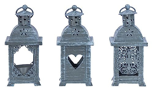 levandeo 3er Set Laternen H14cm Grau Metall Shabby Chic Teelichthalter Tischdeko Outdoor Kerzen Wohndeko Hängedeko von levandeo