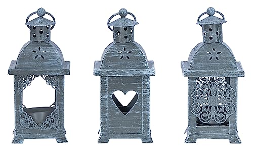 3er Set Laternen H14cm Grau Metall Shabby Chic Teelichthalter Tischdeko Outdoor Kerzen Wohndeko Hängedeko von levandeo