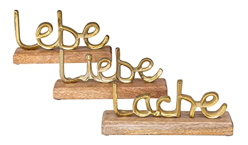 levandeo 3er Set Schriftzug Lache Liebe Lebe L22cm Metall Gold Mango Holz Deko Aufsteller Tischdeko Wohndekoration von levandeo