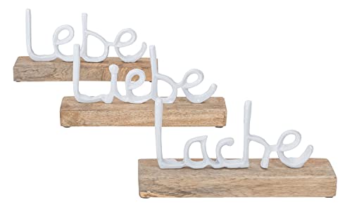 levandeo 3er Set Schriftzug Lache Liebe Lebe L22cm Metall Weiß Mango Holz Deko Aufsteller Tischdeko Wohndekoration von levandeo