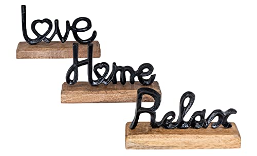 levandeo 3er Set Schriftzug Love Home Relax Schwarz Mango Holz Metall Aufsteller Deko Buchstaben Tischdeko von levandeo