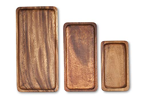 levandeo 3er Set Tablett rechteckig 30cm 25cm 18cm Holz Akazienholz Holzschale Snackschale Natur Braun Unikat Schale Holzteller Dekoschale von levandeo