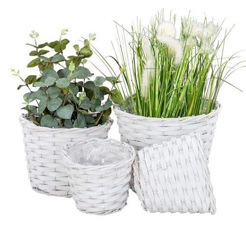 levandeo 4er Set Pflanzgefäß Weide H15-19cm Weiß Garten Pflanzkorb Weidekorb Shabby Chic Vintage Blumenkübel Pflanzkübel Blumenkorb Boho Deko von levandeo