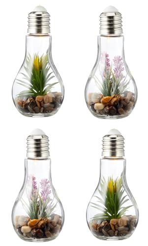 levandeo 4er Set Sukkulenten LED Glühbirne Glas B x H: 8x19cm Deko Lampe Kunstpflanze Grün Hängelampe Tischdeko von levandeo