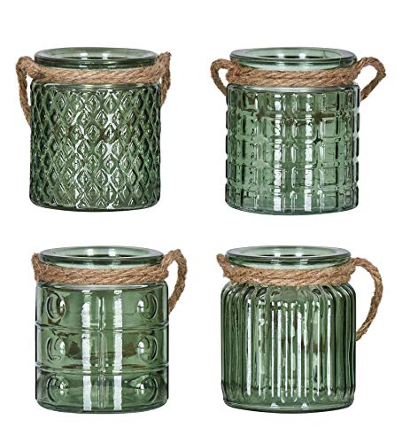 levandeo 4er Set Windlicht H10cm Glas Grün Khaki Teelichthalter Tischdeko Kerzen Deko Kerzenhalter Flachs von levandeo