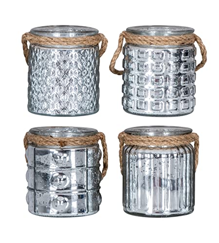 levandeo 4er Set Windlicht H10cm Glas Silber Teelichthalter Tischdeko Kerzen Deko Retro Kerzenhalter Flachs von levandeo