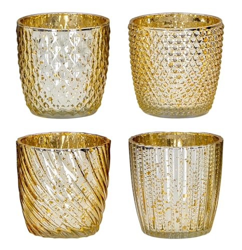 levandeo 4er Set Windlicht H9cm Glas Gold Teelichthalter Tischdeko Kerzen Retro Kerzenhalter Mercury Glas Tischdeko Deko von levandeo