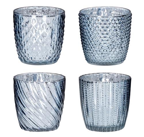 levandeo 4er Set Windlicht H9cm Glas Silber Blau Teelichthalter Tischdeko Kerzen Retro Kerzenhalter Mercury Glas Tischdeko Deko von levandeo