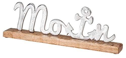 levandeo Aufsteller Moin L40cm Metall Silber Mango Holz Maritime Deko Schriftzug Tischdeko Wohndekoration Anker Norddeutsch Geschenk von levandeo