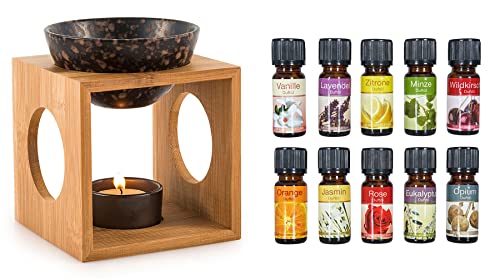 levandeo Duftlampe inkl. 10 Duftöle aus Holz Bambus Schwarz Keramik Quadratisch Aromaspender Öllampe Aromalampe von levandeo