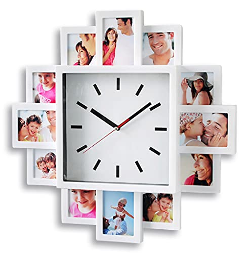 levandeo Fotouhr 40x40cm Wanduhr für 12 Fotos - Kunststoff weiß - Fotogalerie Bilderrahmen Bildergalerie Fotocollage Fotorahmen Uhr Bilderuhr von levandeo