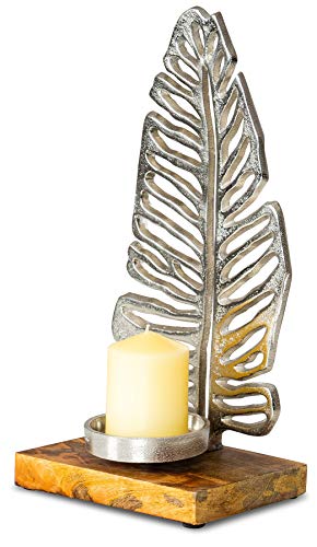 levandeo Kerzenständer H35cm Mango Holz Kerzenhalter Blatt Metall Silber Tischdekoration Kerzenleuchter Deko von levandeo