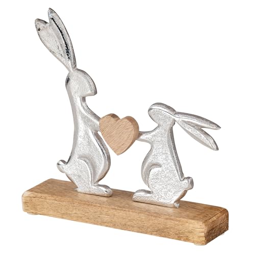 levandeo Osterhase Tischdeko Mangoholz Metall Braun Silber Natur Herz Ostern Deko Figur Frühlingsdeko Dekohase Hase auf Sockel von levandeo