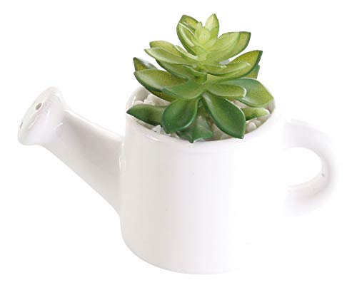 levandeo Sukkulente in Kanne 14x10cm Grün Weiß Kunstpflanze Keramik Gießkanne Deko Kunstblume Tischdeko von levandeo