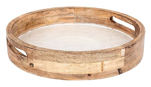 levandeo Tablett 35cm Rund Mango Holz Creme Perlmutt Emaille Ablage Serviertablett Deko Servierplatte Tischdeko Dekoration von levandeo